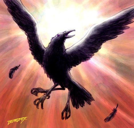 数字绘画作品。背景为红色，一只三足乌鸦在半空中展开双翅号叫，它的头后方有明亮的放射状阳光。左下角有作者签名。